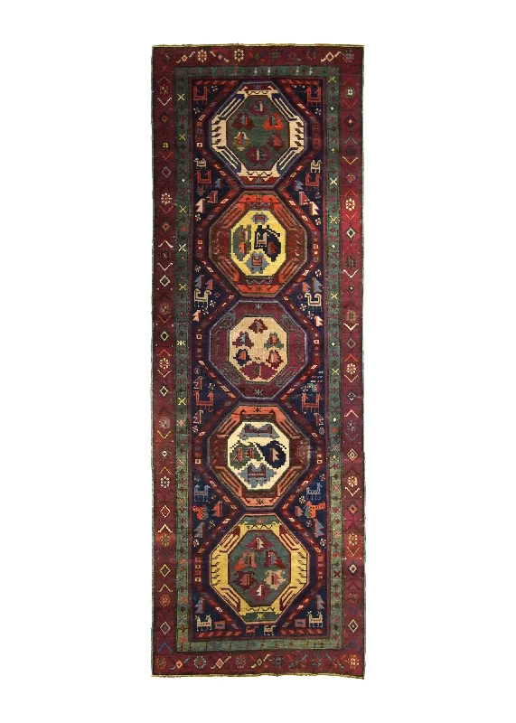 Caucasian Rug Gharabagh Handmade Runner Tribal Antique 3'0"x8'9" (3x9) Blue Red Geometric Design #A33348