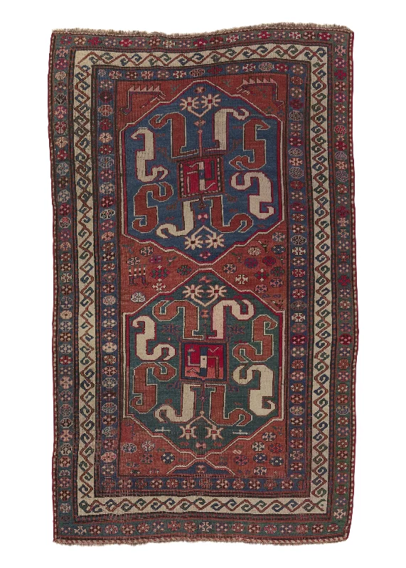 Caucasian Rug Kazak Handmade Area Antique Tribal 4'6"x7'7" (5x8) Red Blue Geometric Design #23404