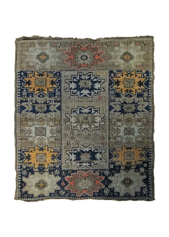 Caucasian Rug Shirvan Handmade Area Antique Traditional 4'1"x4'7" (4x5) Whites/Beige Blue Yellow/Gold Geometric Design #A34197