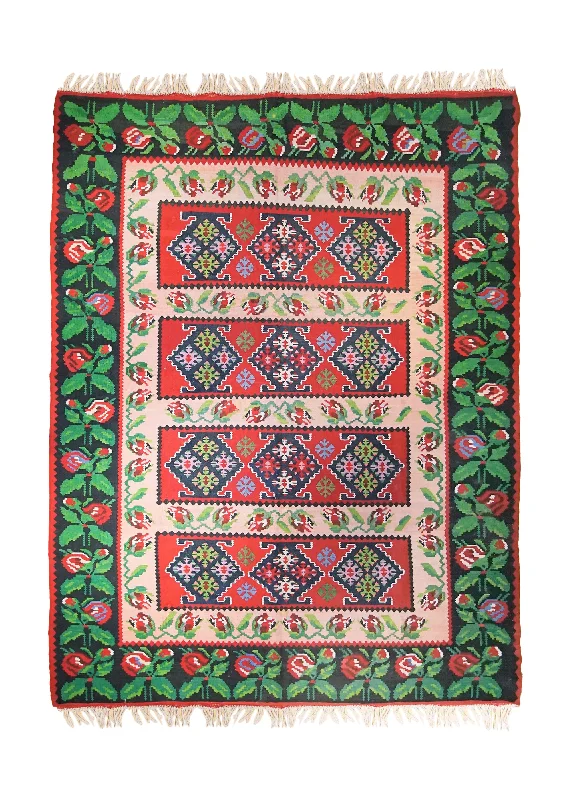 European Rug Handmade Area Traditional 7'4"x9'4" (7x9) Green Red Floral Bessarabia Kilim Design #A34371