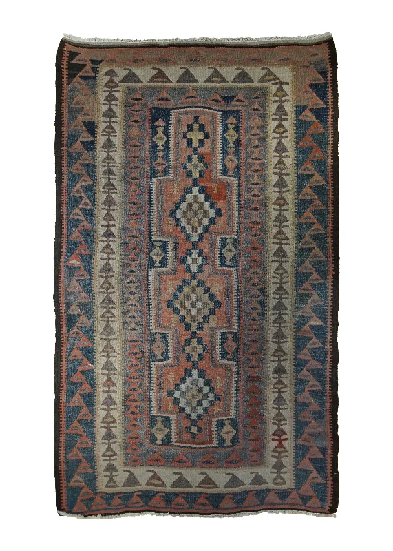 Oriental Rug Afghan Handmade Area Tribal 4'4"x7'3" (4x7) Red Blue Geometric Design #A34318