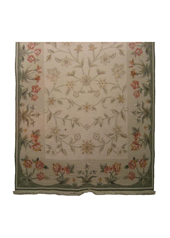 Oriental Rug Chinese Handmade Runner Traditional 4'0"x9'10" (4x10) Whites/Beige Green Red Aubusson Design #A21091