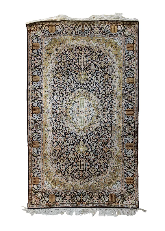 Oriental Rug Indian Handmade Area Traditional 2'7"x4'0" (3x4) Green Black Floral Design #A34213