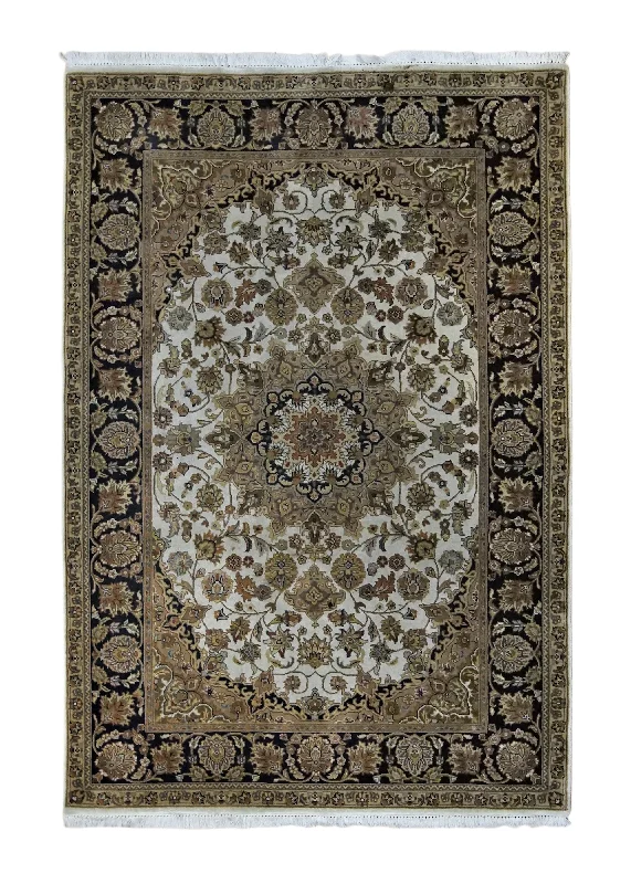 Oriental Rug Indian Handmade Area Traditional 4'0"x5'11" (4x6) Yellow/Gold Blue Black Tea Washed Floral Design #A34343