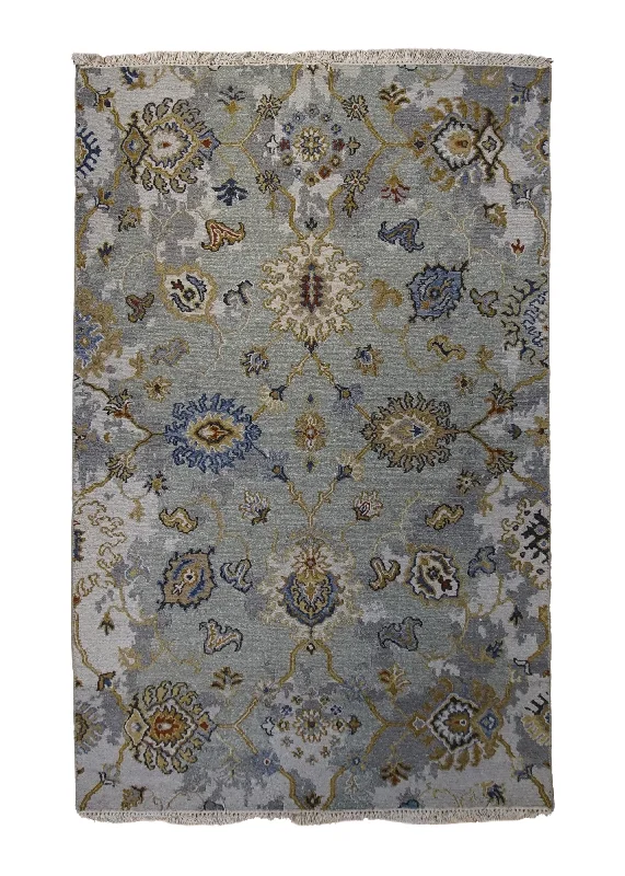 Oriental Rug Indian Handmade Area Transitional 4'0"x6'2" (4x6) Gray Yellow/Gold Soumak Oushak Design #A34246