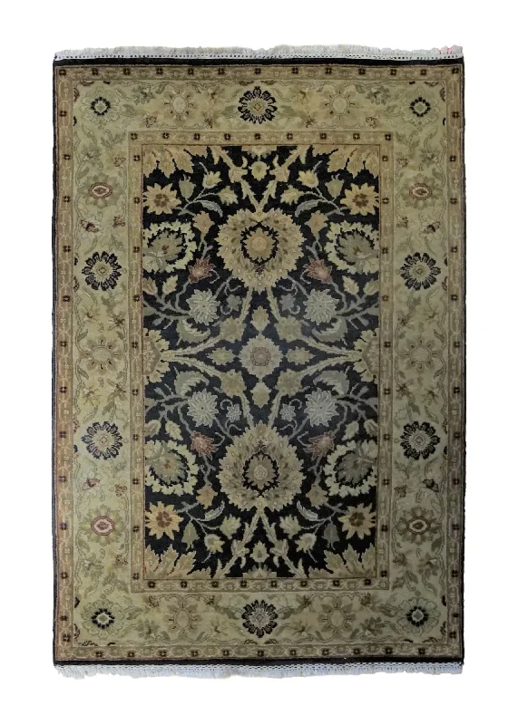 Oriental Rug Indian Handmade Area Transitional 4'0"x6'0" (4x6) Green Black Tea Washed Floral Jaipur Design #A34377