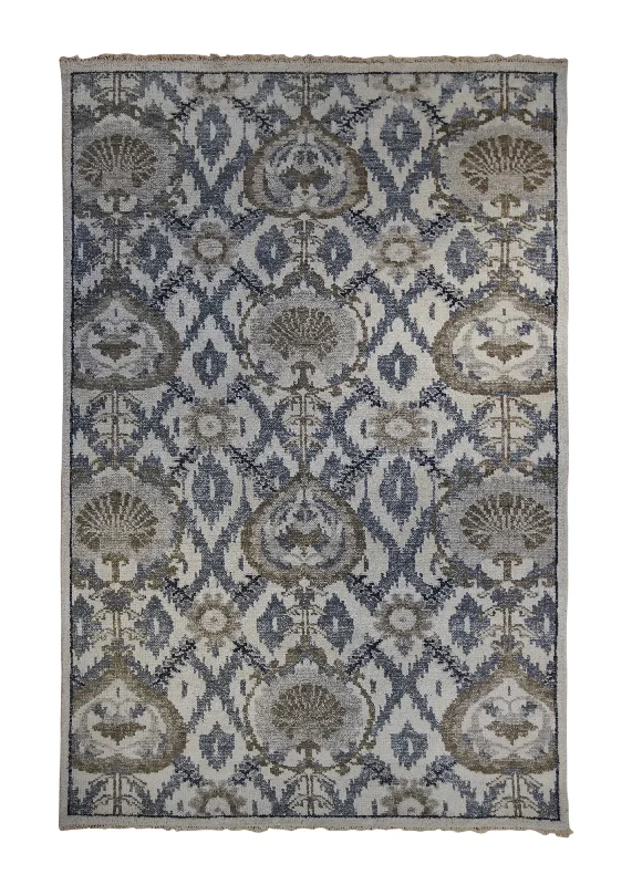 Oriental Rug Indian Handmade Area Transitional 5'6"x8'6" (6x9) Whites/Beige Gray Geometric Design #A34186