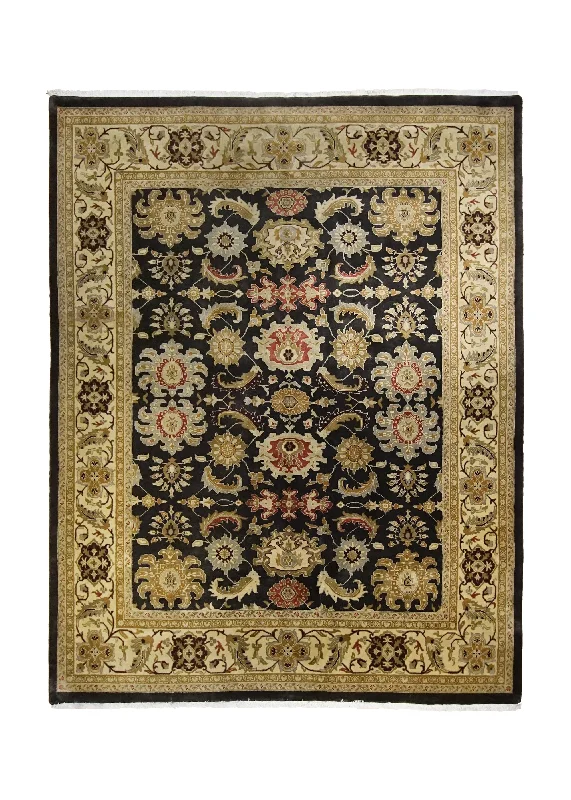 Oriental Rug Indian Handmade Area Transitional 7'8"x9'10" (8x10) Black Yellow/Gold Tea Washed Floral Jaipur Design #A34362