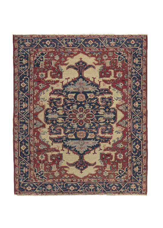 Oriental Rug Indian Handmade Area Transitional 8'0"x9'10" (8x10) Blue Red Geometric Heriz Design #32621