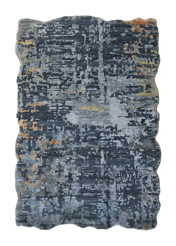 Oriental Rug Indian Handmade Area Modern 2'0"x3'0" (2x3) Blue Gray Abstract Splatter Wavy Edge Design #A34320