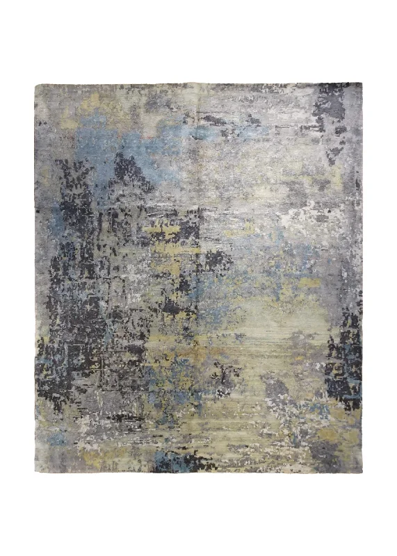 Oriental Rug Indian Handmade Area Modern 8'3"x9'11" (8x10) Whites/Beige Gray Yellow/Gold Abstract Splatter Design #A34272