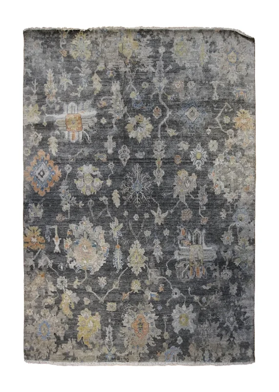 Oriental Rug Indian Handmade Area Transitional 6'2"x8'11" (6x9) Black Gray Erased Oushak Design #A34261