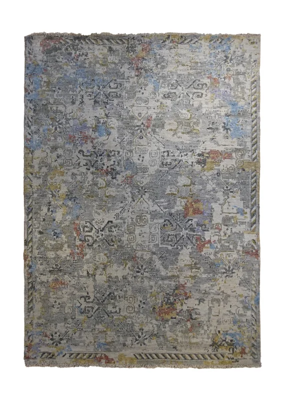 Oriental Rug Indian Handmade Area Transitional 6'2"x8'8" (6x9) Gray Erased Geometric Design #A34265