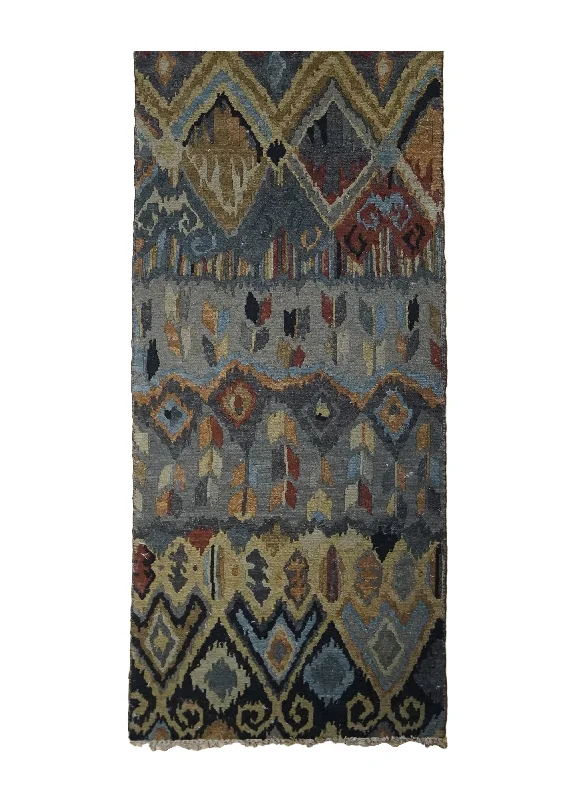 Oriental Rug Indian Handmade Runner Modern 2'5"x12'0" (2x12) Multi-color Gray Geometric Soumak Design #A33719