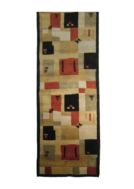 Oriental Rug Indian Handmade Runner Modern 3'1"x9'11" (3x10) Black Red Yellow/Gold Geometric Abstract Design #A20840