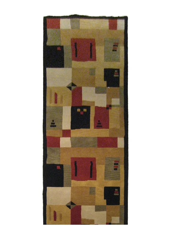 Oriental Rug Indian Handmade Runner Modern 3'1"x9'10" (3x10) Black Red Yellow/Gold Geometric Abstract Design #A20841