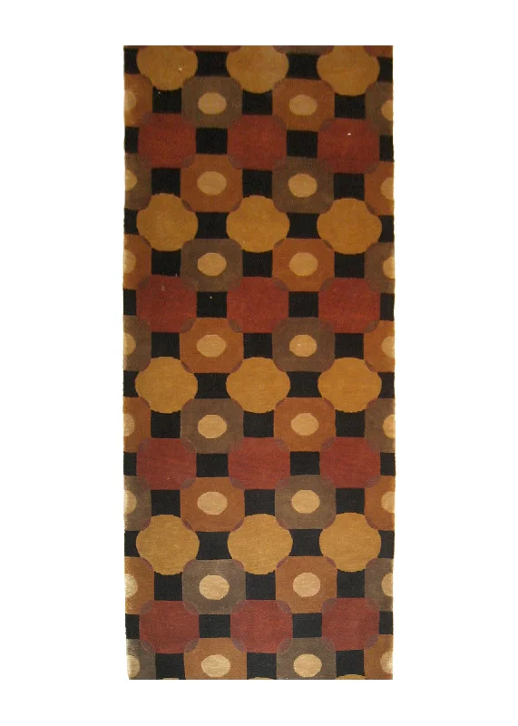 Oriental Rug Indian Handmade Runner Modern 3'2"x9'10" (3x10) Black Red Yellow/Gold Geometric Abstract Design #A20844