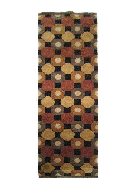 Oriental Rug Indian Handmade Runner Modern 3'2"x10'0" (3x10) Black Red Yellow/Gold Geometric Abstract Design #A20845