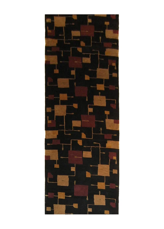 Oriental Rug Indian Handmade Runner Modern 3'2"x10'0" (3x10) Black Red Yellow/Gold Geometric Abstract Design #A20860