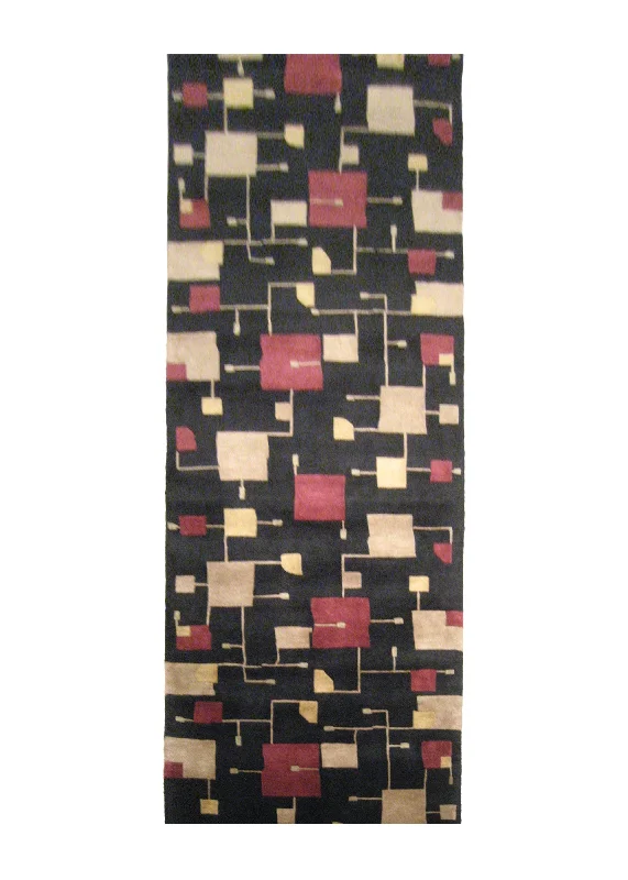 Oriental Rug Indian Handmade Runner Modern 3'2"x10'0" (3x10) Black Red Yellow/Gold Geometric Abstract Design #A20861