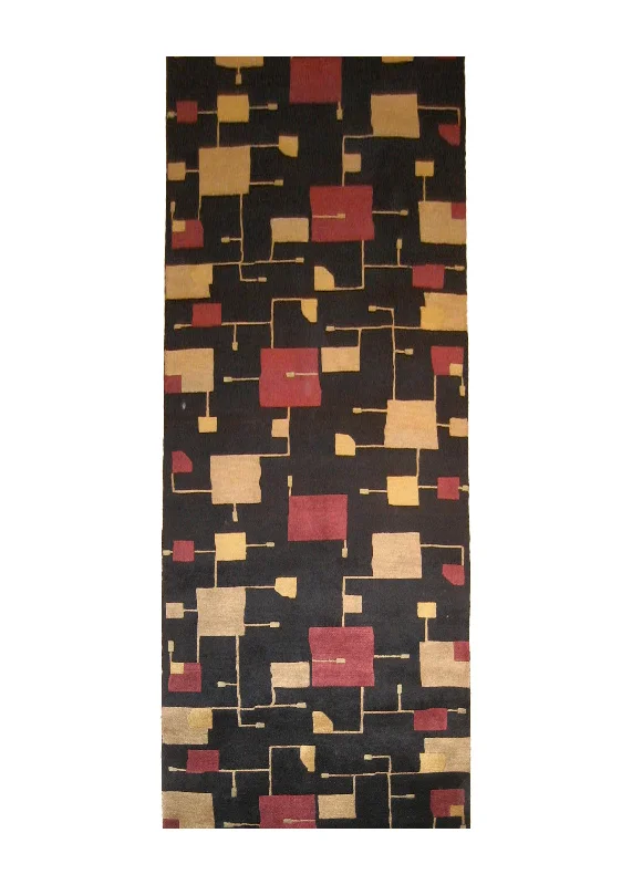 Oriental Rug Indian Handmade Runner Modern 3'0"x10'0" (3x10) Black Red Yellow/Gold Geometric Abstract Design #A20862