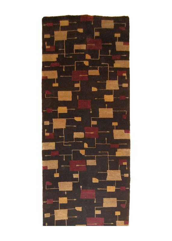 Oriental Rug Indian Handmade Runner Modern 3'2"x9'9" (3x10) Brown Red Yellow/Gold Geometric Abstract Design #A20850