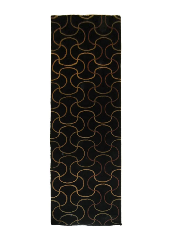 Oriental Rug Indian Handmade Runner Modern 2'11"x11'9" (3x12) Black Geometric Abstract Design #A20881