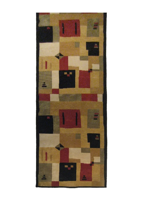 Oriental Rug Indian Handmade Runner Modern 3'0"x11'10" (3x12) Black Red Yellow/Gold Geometric Abstract Design #A20843