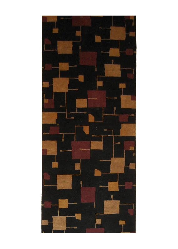 Oriental Rug Indian Handmade Runner Modern 3'1"x11'11" (3x12) Black Red Yellow/Gold Geometric Abstract Design #A20864