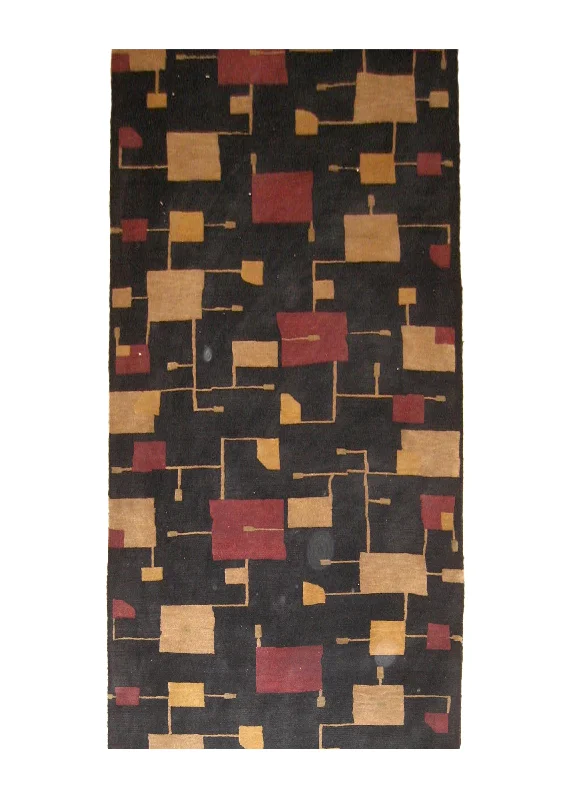 Oriental Rug Indian Handmade Runner Modern 3'2"x11'9" (3x12) Black Red Yellow/Gold Geometric Abstract Design #A20865