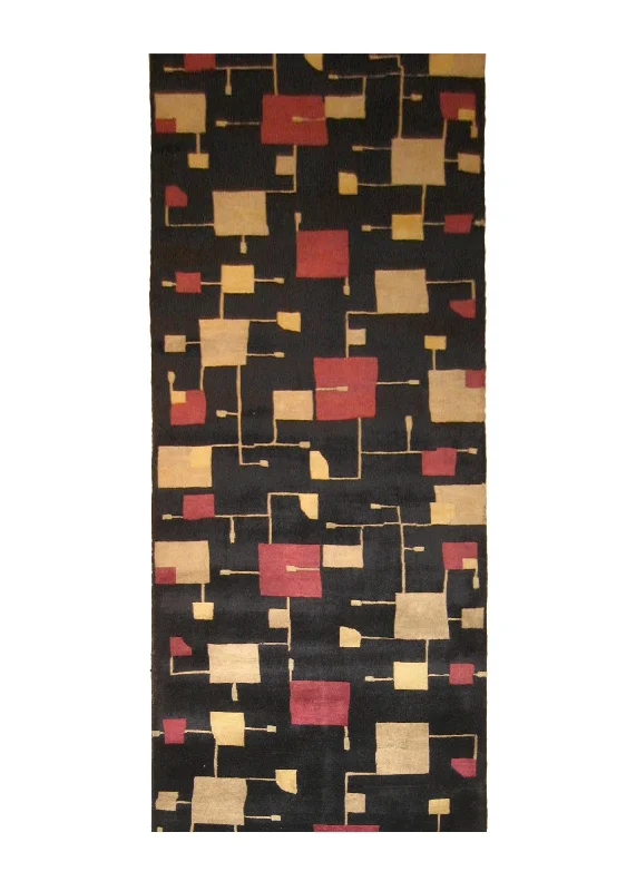 Oriental Rug Indian Handmade Runner Modern 3'2"x11'9" (3x12) Black Red Yellow/Gold Geometric Abstract Design #A20867