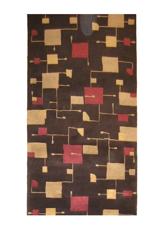 Oriental Rug Indian Handmade Runner Modern 3'1"x12'0" (3x12) Brown Red Yellow/Gold Geometric Abstract Design #A20853