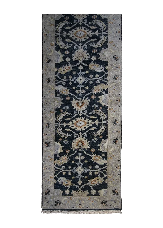 Oriental Rug Indian Handmade Runner Traditional 2'7"x11'10" (3x12) Black Whites/Beige Geometric Design #A34285