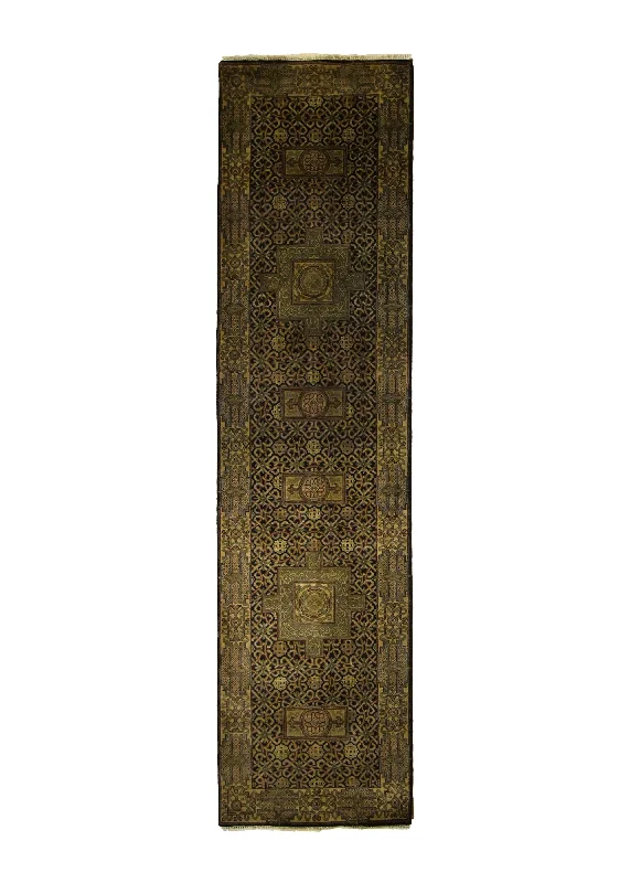 Oriental Rug Indian Handmade Runner Transitional 2'7"x10'3" (3x10) Black Yellow/Gold Tea Washed Design #A20345