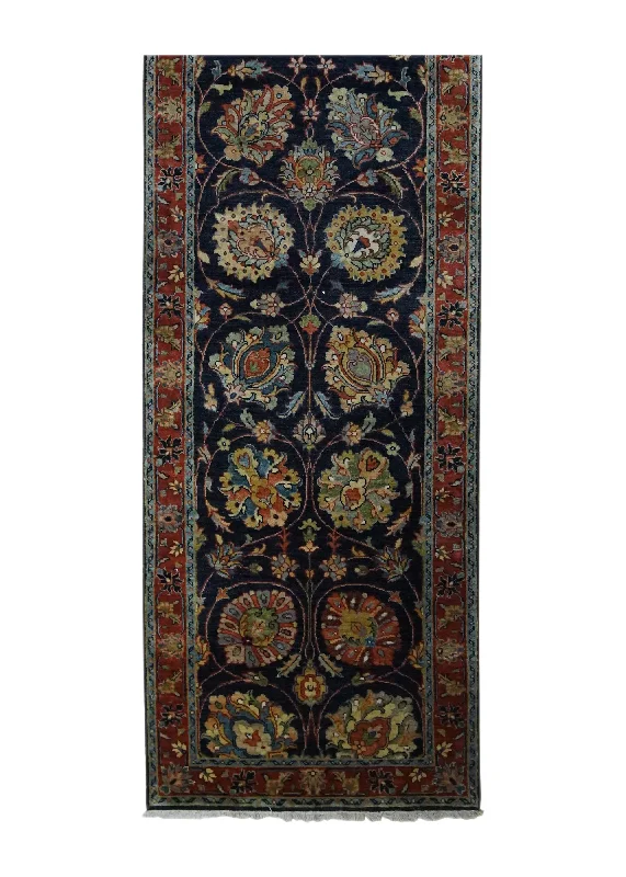 Oriental Rug Indian Handmade Runner Transitional 2'7"x9'7" (3x10) Blue Red Floral Design #A34064