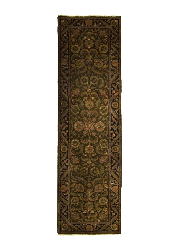 Oriental Rug Indian Handmade Runner Transitional 2'10"x9'10" (3x10) Green Black Tea Washed Design #A20813