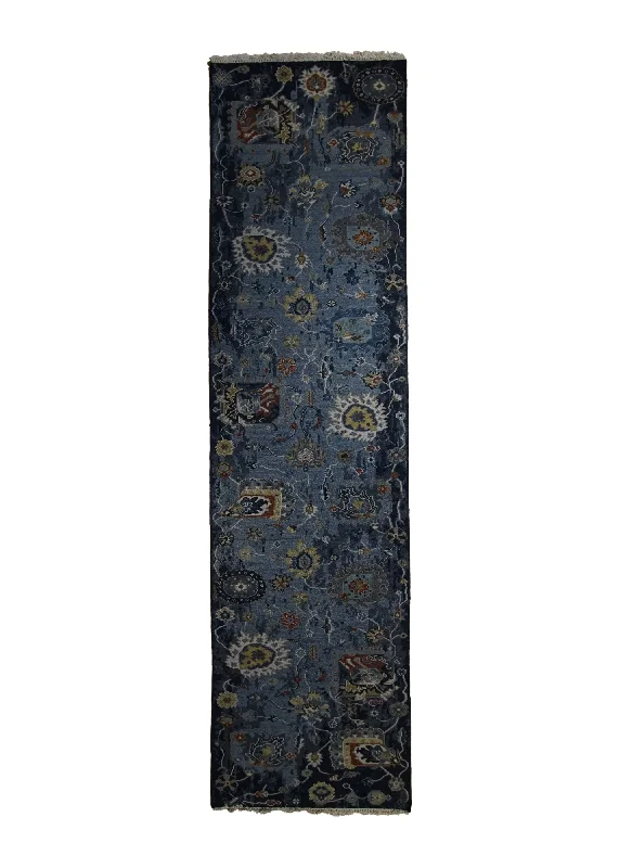 Oriental Rug Indian Handmade Runner Transitional 2'7"x11'9" (3x12) Blue Soumak Oushak Design #A34153