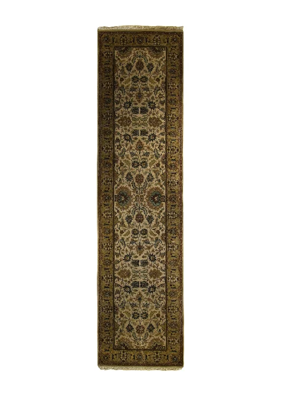 Oriental Rug Indian Handmade Runner Transitional 3'1"x12'0" (3x12) Whites/Beige Yellow/Gold Tea Washed Design #A21000