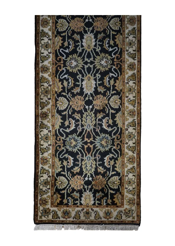 Oriental Rug Indian Handmade Runner Transitional 2'6"x15'6" (3x16) Black Whites/Beige Tea Washed Floral Design #A32323