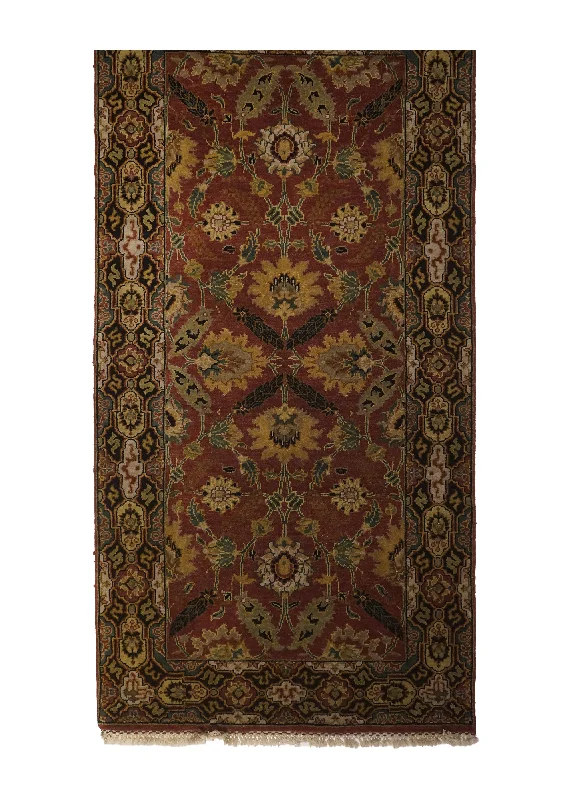 Oriental Rug Indian Handmade Runner Transitional 3'1"x6'1" (3x6) Red Black Green Tea Washed Design #A21002