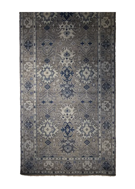 Oriental Rug Indian Handmade Runner Transitional Neutral 5'0"x13'8" (5x14) Gray Whites/Beige Blue Floral Oushak Design #A32956