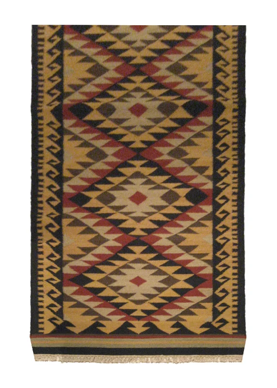 Oriental Rug Indian Handmade Runner Tribal 3'2"x9'10" (3x10) Yellow/Gold Blue Red Dhurrie Tea Washed Geometric Design #A21365