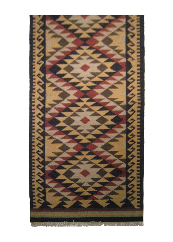 Oriental Rug Indian Handmade Runner Tribal 3'2"x9'10" (3x10) Yellow/Gold Red Black Dhurrie Tea Washed Geometric Design #A21171