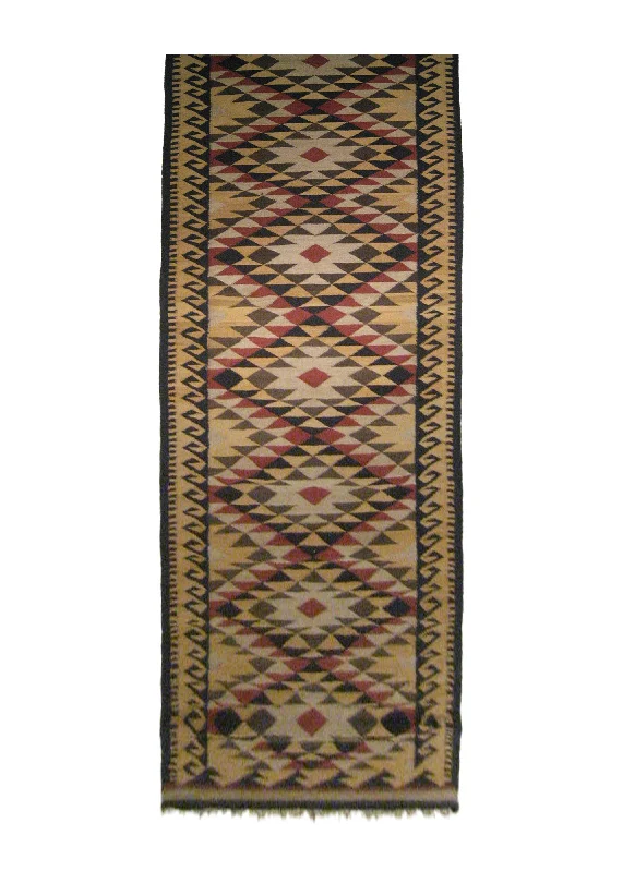 Oriental Rug Indian Handmade Runner Tribal 3'1"x12'4" (3x12) Yellow/Gold Red Black Dhurrie Tea Washed Geometric Design #A21165