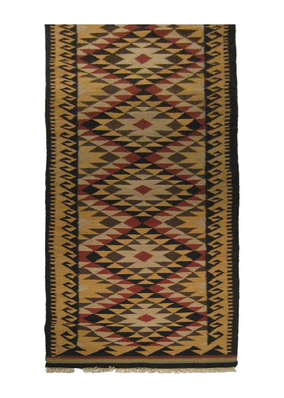 Oriental Rug Indian Handmade Runner Tribal 3'0"x12'3" (3x12) Yellow/Gold Red Black Dhurrie Tea Washed Geometric Design #A21189