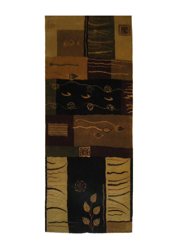 Oriental Rug Indian Handmade Runner Modern 2'11"x9'6" (3x10) Multi-color Black Whites/Beige Art Deco Abstract Design #A21085