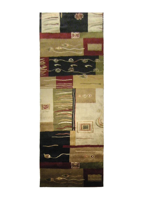 Oriental Rug Indian Handmade Runner Modern 3'0"x11'8" (3x12) Multi-color Black Whites/Beige Art Deco Abstract Design #A21081