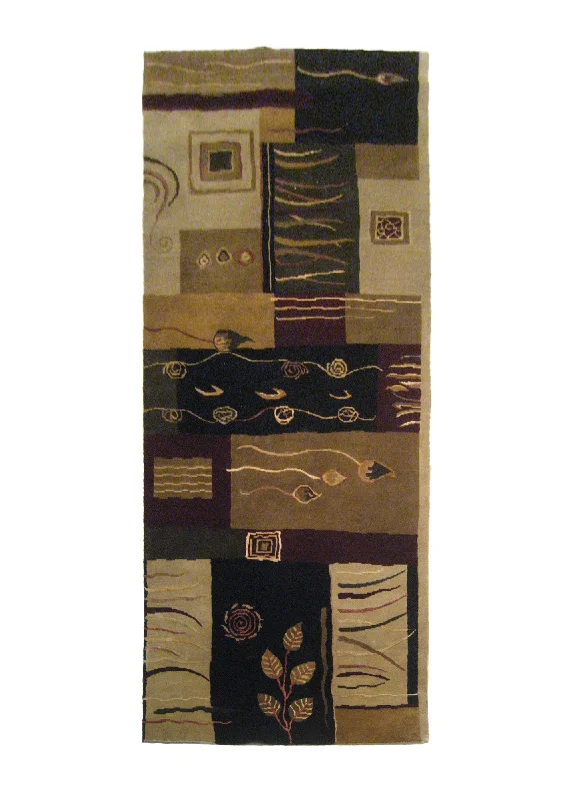 Oriental Rug Indian Handmade Runner Modern 2'11"x8'1" (3x8) Multi-color Black Whites/Beige Art Deco Abstract Design #A21086