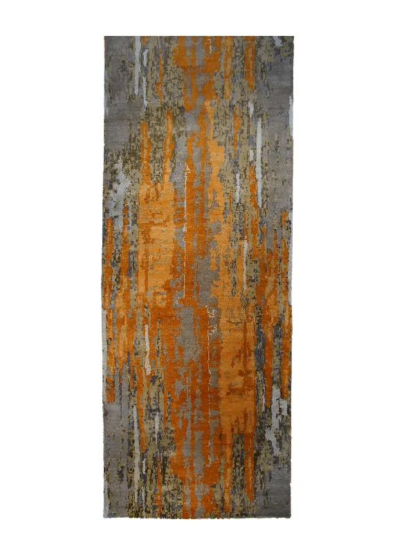 Oriental Rug Indian Handmade Runner Modern 4'1"x17'11" (4x18) Orange Gray Abstract Splatter Design #A32259