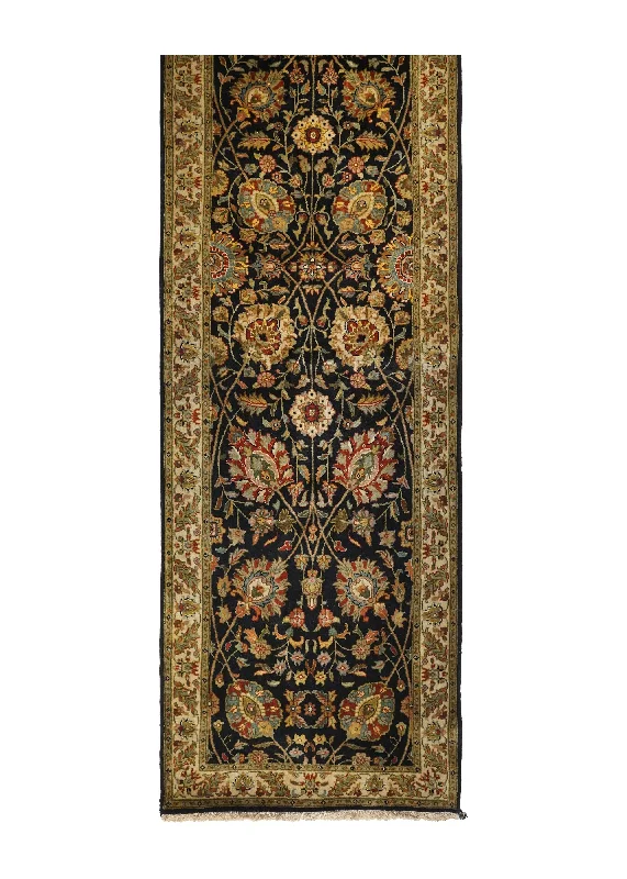 Oriental Rug Indian Handmade Runner Transitional 2'7"x15'10" (3x16) Black Whites/Beige Tea Washed Design #A20975